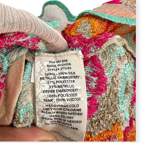 Soft Surroundings | XL | Embroidered Round-Neck Silk Tunic Coverup Sheer Cami - Picture 8 of 8